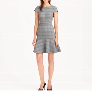 J Crew Midi Dress Glen Houndstooth Plaid Cap Sleeve Ruffle Drop Waist Gray Sz XS